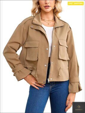 Cropped Bomber Jacket Lightweight Oversized Utility Anorak Coat Long Sleeve